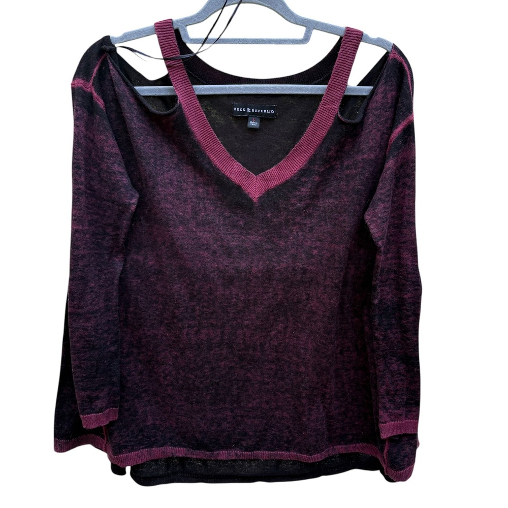 Rock & Republic Womens L Sweater Burgundy Open Shoulder Cotton Whimsigoth Vamp‎ - Picture 3 of 9
